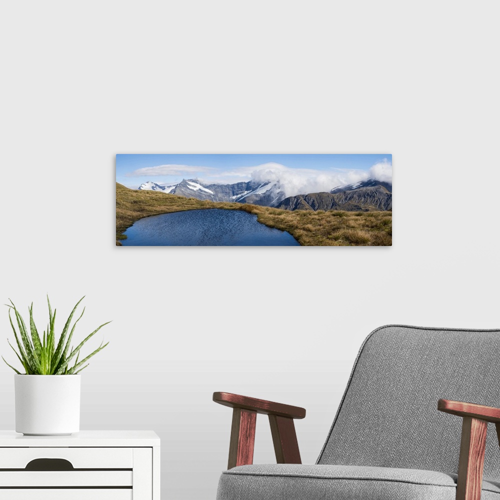 A modern room featuring Elevated view of lake on mountain, Mount Aspiring National Park, West Coast, South Island, New Ze...