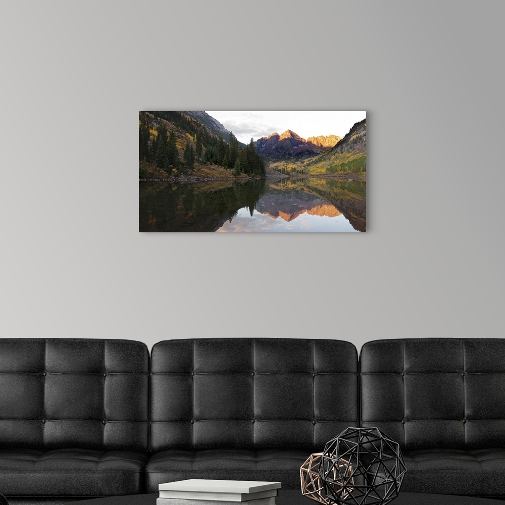 A modern room featuring Elk Mountains reflected in Maroon Bells Lake, Pitkin County, Colorado, USA.