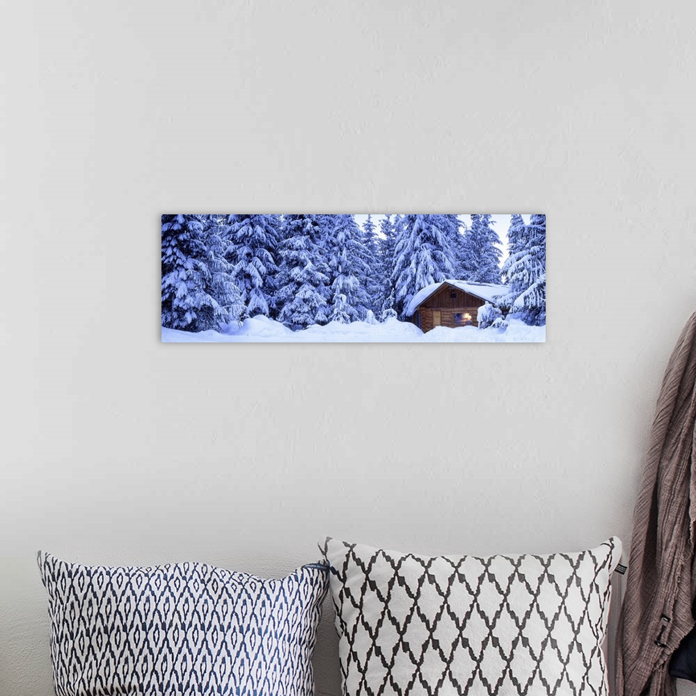 A bohemian room featuring A panoramic photograph of snow covered pine trees and a small log cabin burrowed in the snow drifts.