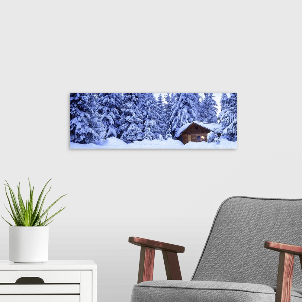 A modern room featuring A panoramic photograph of snow covered pine trees and a small log cabin burrowed in the snow drifts.