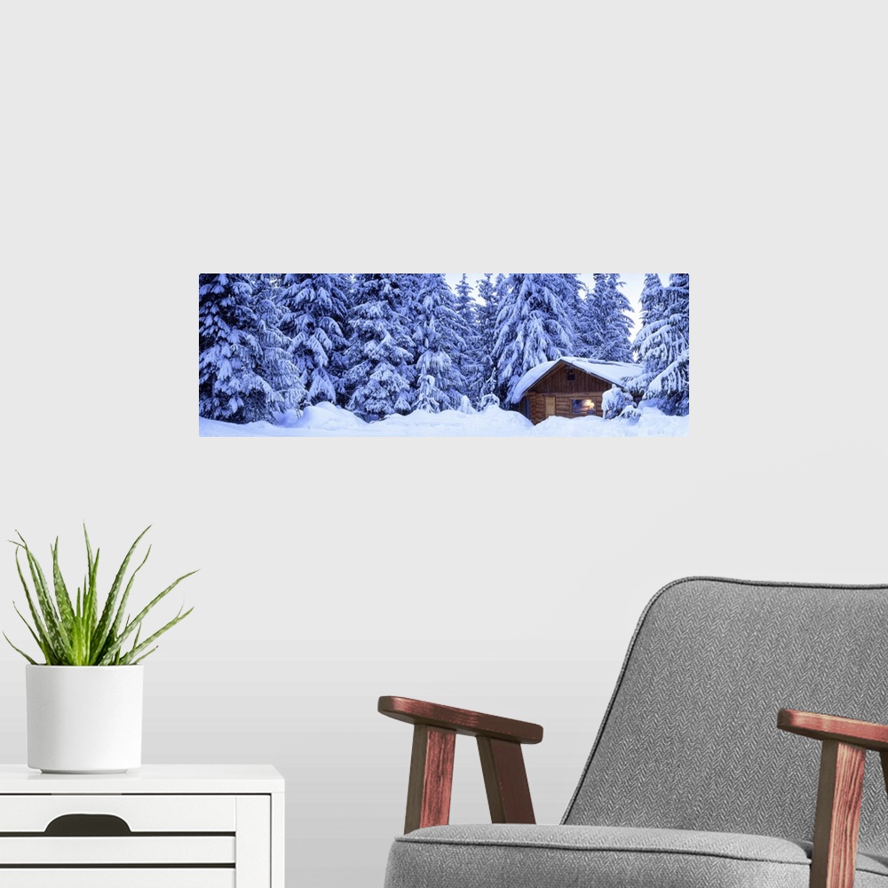 A modern room featuring A panoramic photograph of snow covered pine trees and a small log cabin burrowed in the snow drifts.