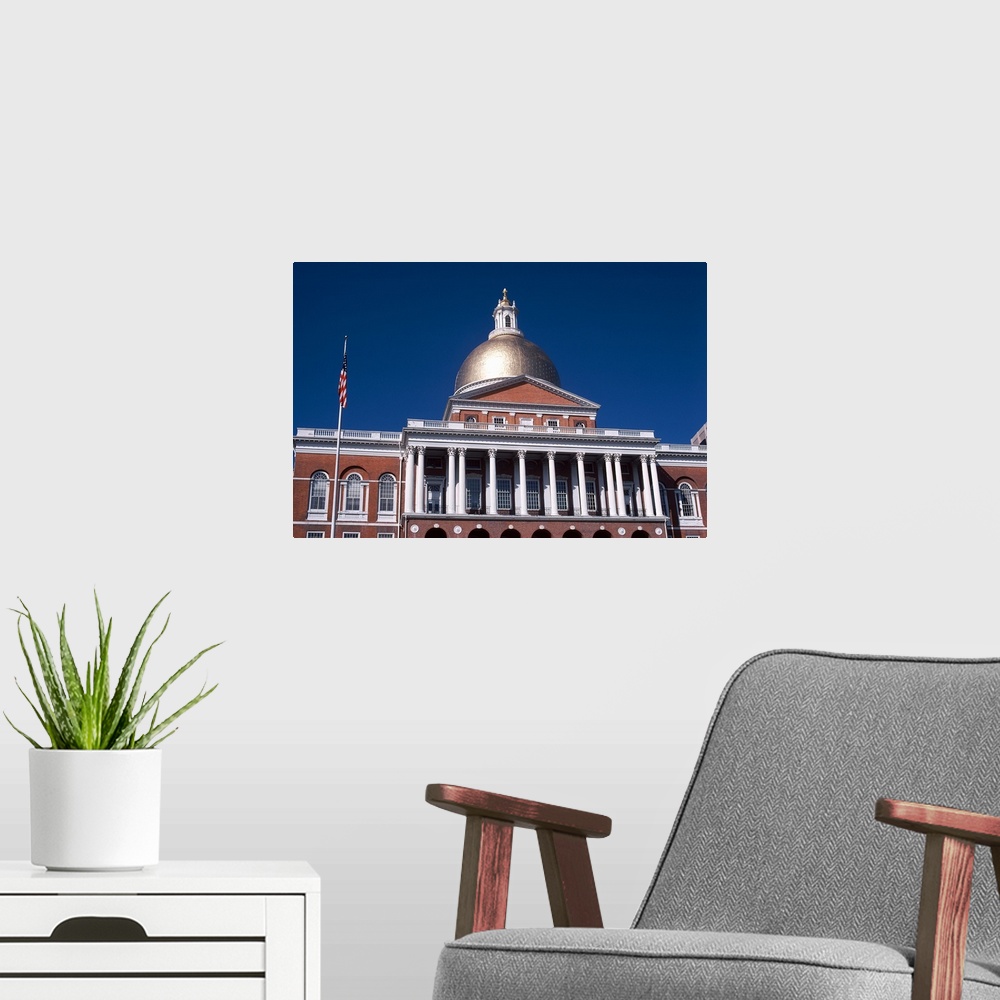 A modern room featuring Facade of a government building, Massachusetts State Capitol, Boston, Suffolk County, Massachusetts,