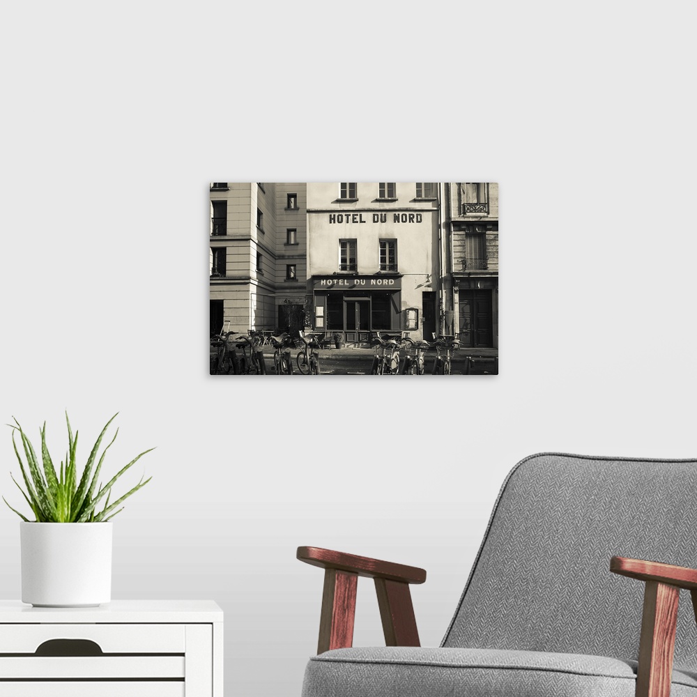 A modern room featuring Facade of a hotel, Hotel Du Nord, Canal Saint-Martin, Paris, Ile-de-France, France