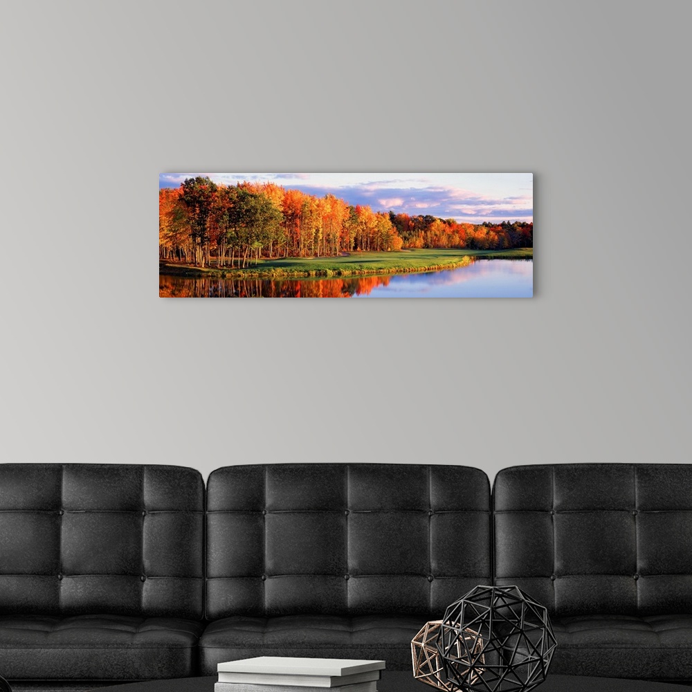 A modern room featuring Panoramic wall art, photograph of autumn trees reflecting in still waters.