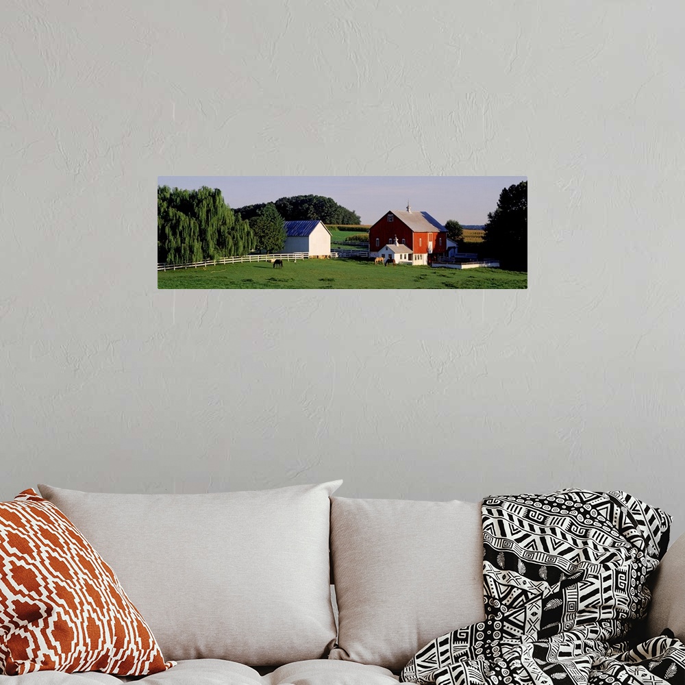 A bohemian room featuring Farm land is photographed in panoramic view with large trees on either side of the barn and in th...