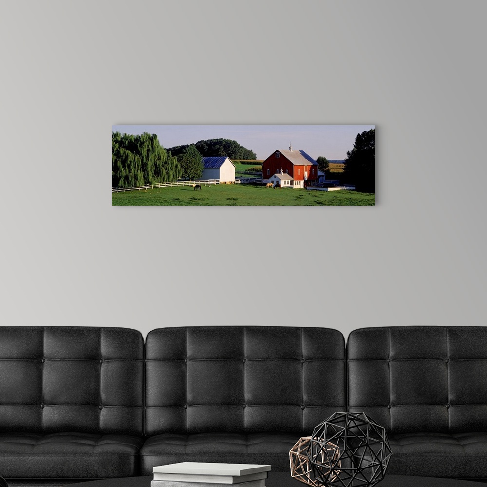 A modern room featuring Farm land is photographed in panoramic view with large trees on either side of the barn and in th...