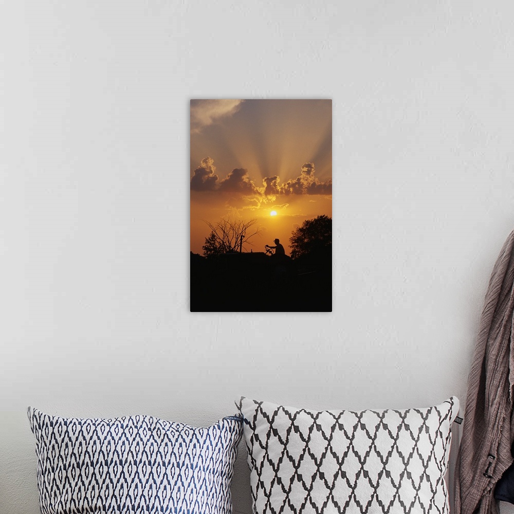 A bohemian room featuring This large vertical piece shows a farmer driving a tractor that is silhouetted by the sunset behi...