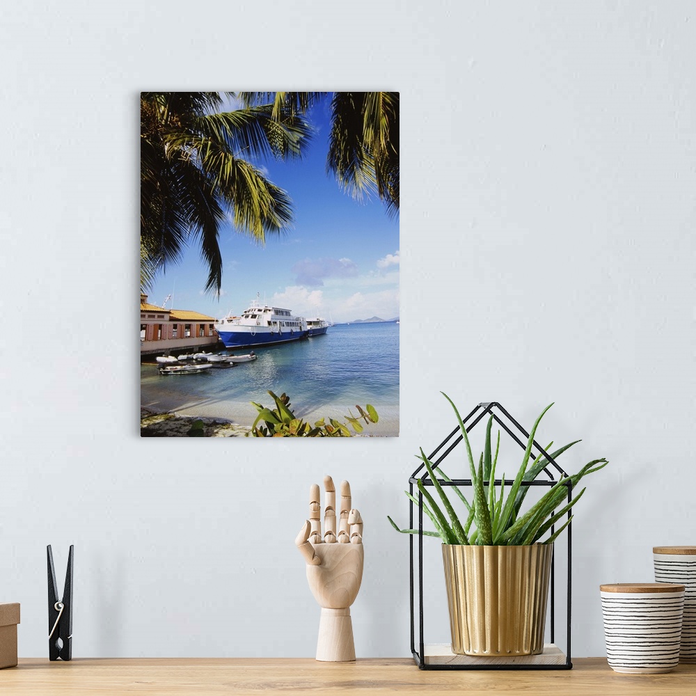 A bohemian room featuring A passenger boat is docked along a pier in the Caribbean. Palm trees on a beach hang over the top...