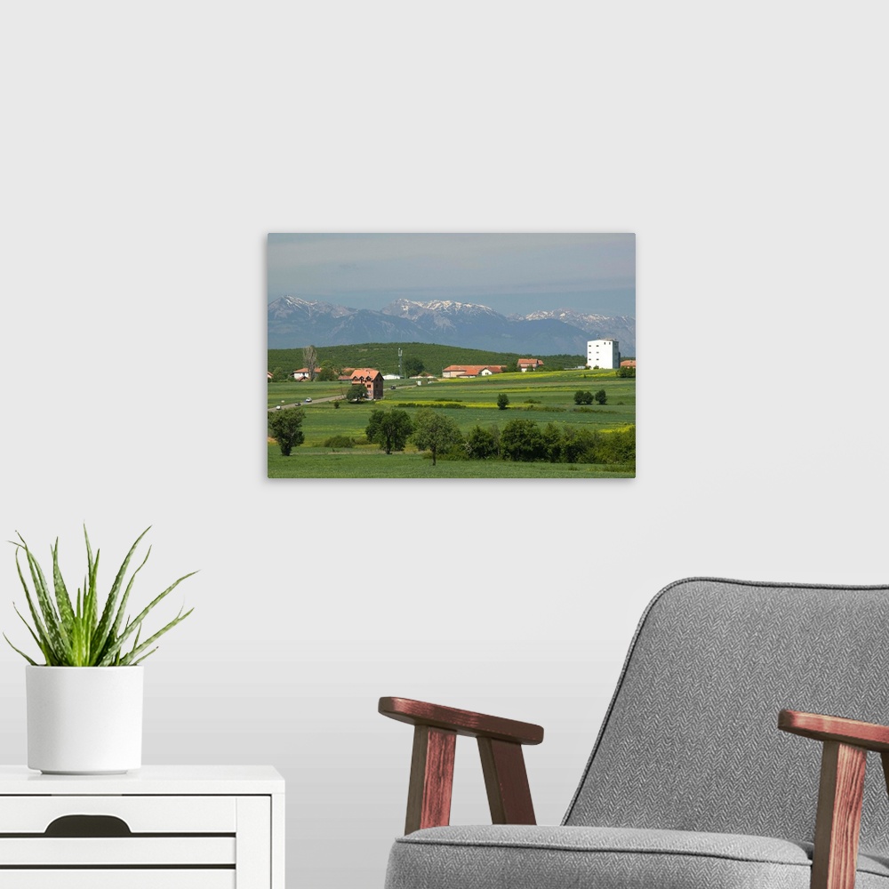 A modern room featuring Field with mountain range in the background, Balince, Kosovo, Serbia