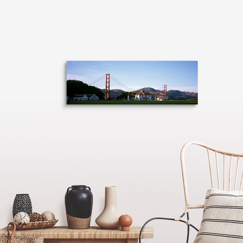 A farmhouse room featuring Field with suspension bridge and mountains, Crissy Field, Golden Gate Bridge, San Francisco, Cali...