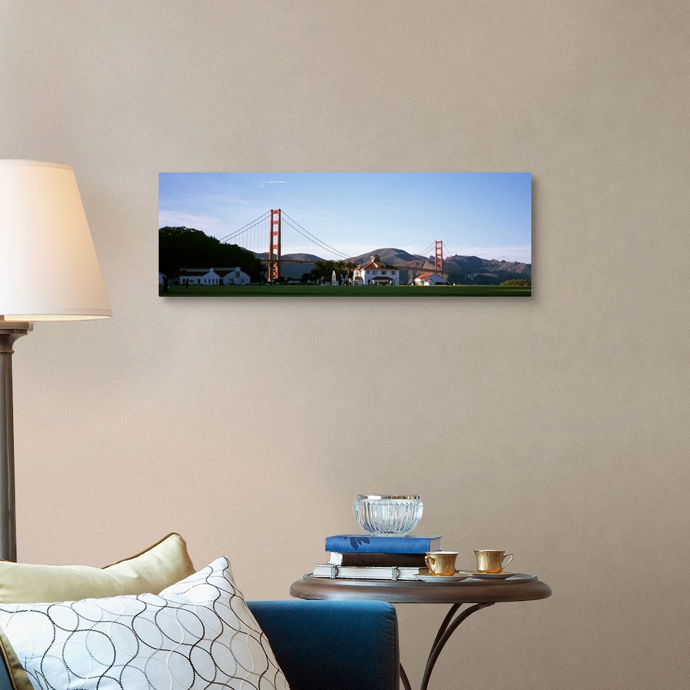 A traditional room featuring Field with suspension bridge and mountains, Crissy Field, Golden Gate Bridge, San Francisco, Cali...