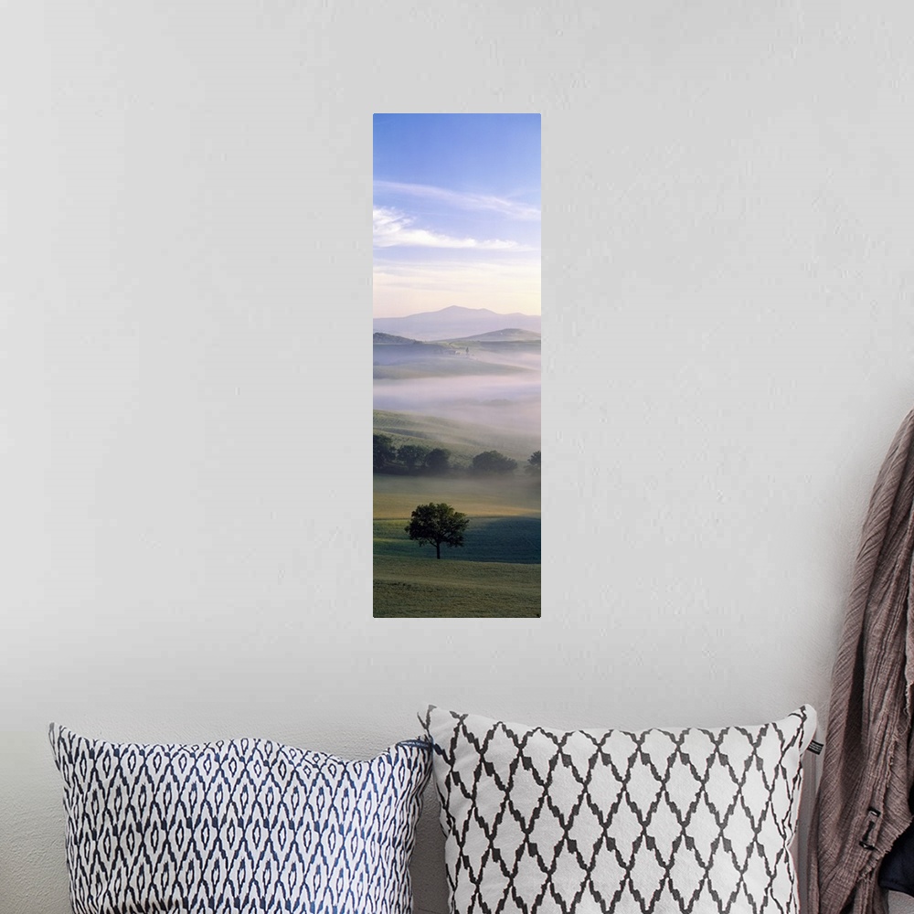 A bohemian room featuring Oversized, vertical photograph of a foggy field of hills and trees, mountains in the background b...