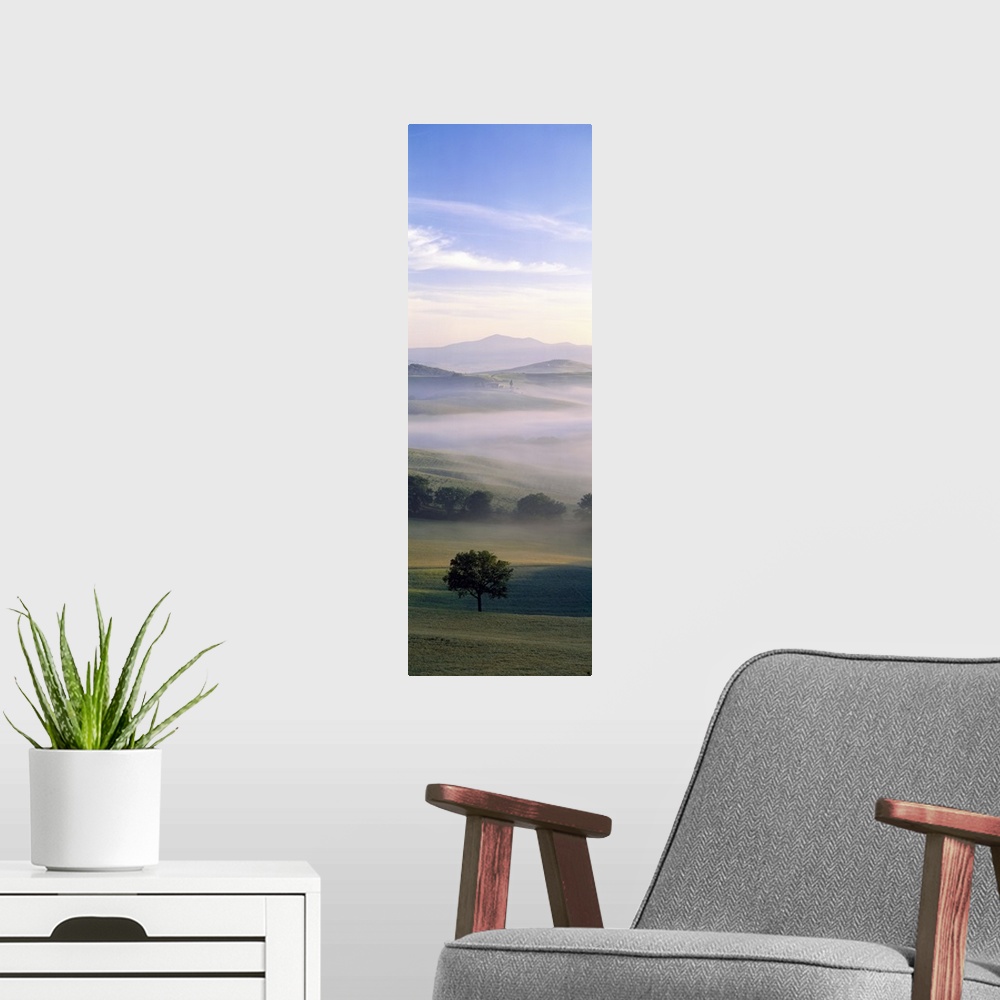 A modern room featuring Oversized, vertical photograph of a foggy field of hills and trees, mountains in the background b...