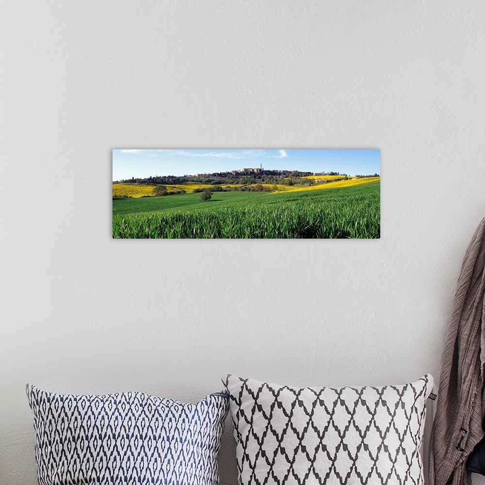 A bohemian room featuring Fields with a village in the background, Pienza, Tuscany, Italy