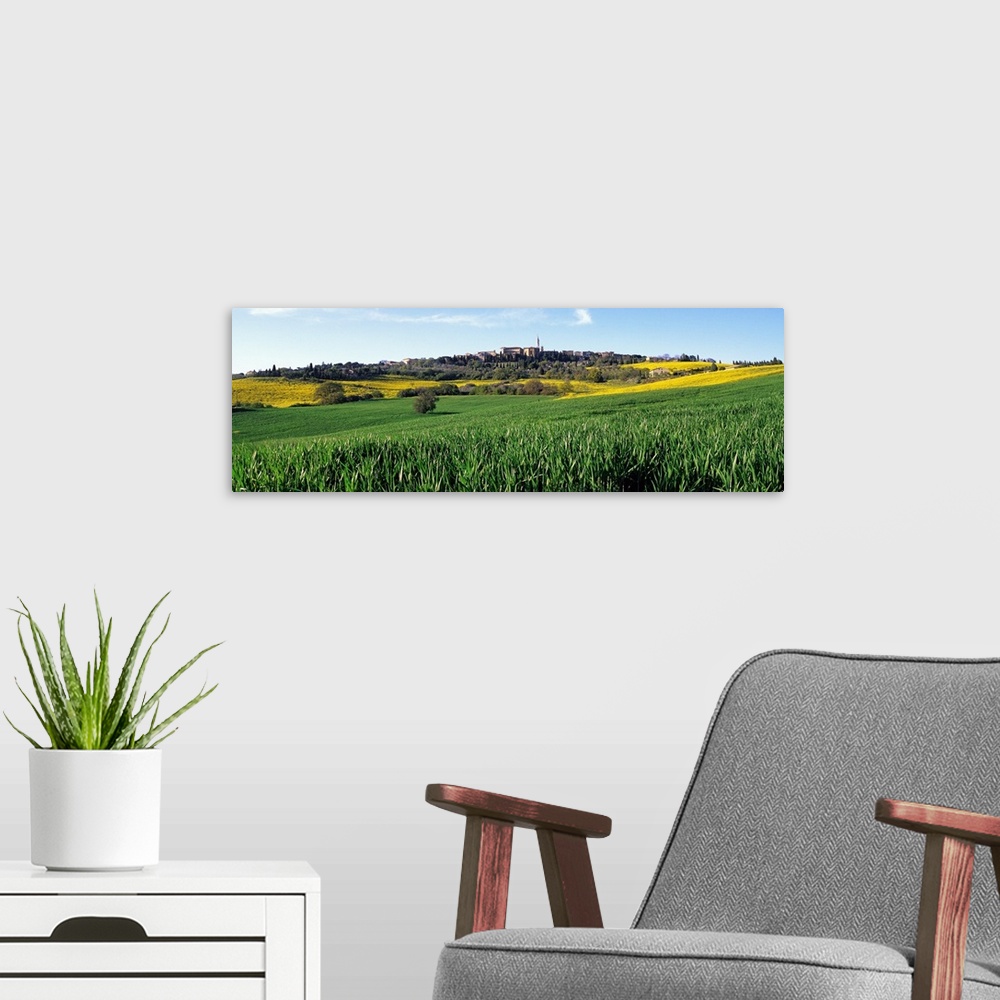 A modern room featuring Fields with a village in the background, Pienza, Tuscany, Italy