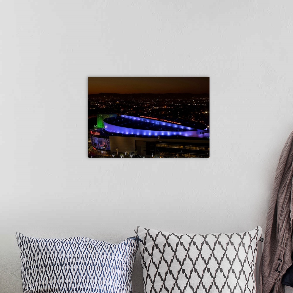 A bohemian room featuring USA, California, Los Angeles, Downtown, aerial of Staples Center, dusk