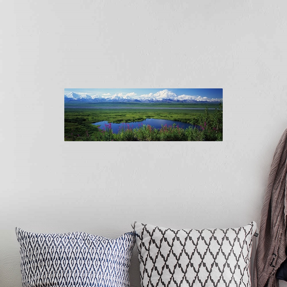 A bohemian room featuring View of the Alaskan wilderness, with wildflowers in the foreground, small ponds, and a mountain r...