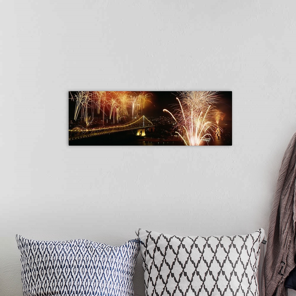 A bohemian room featuring Firework display at New years eve in a city, Brisbane, Queensland, Australia