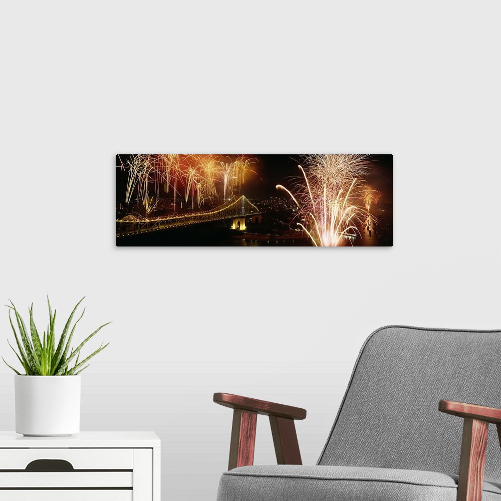 A modern room featuring Firework display at New years eve in a city, Brisbane, Queensland, Australia