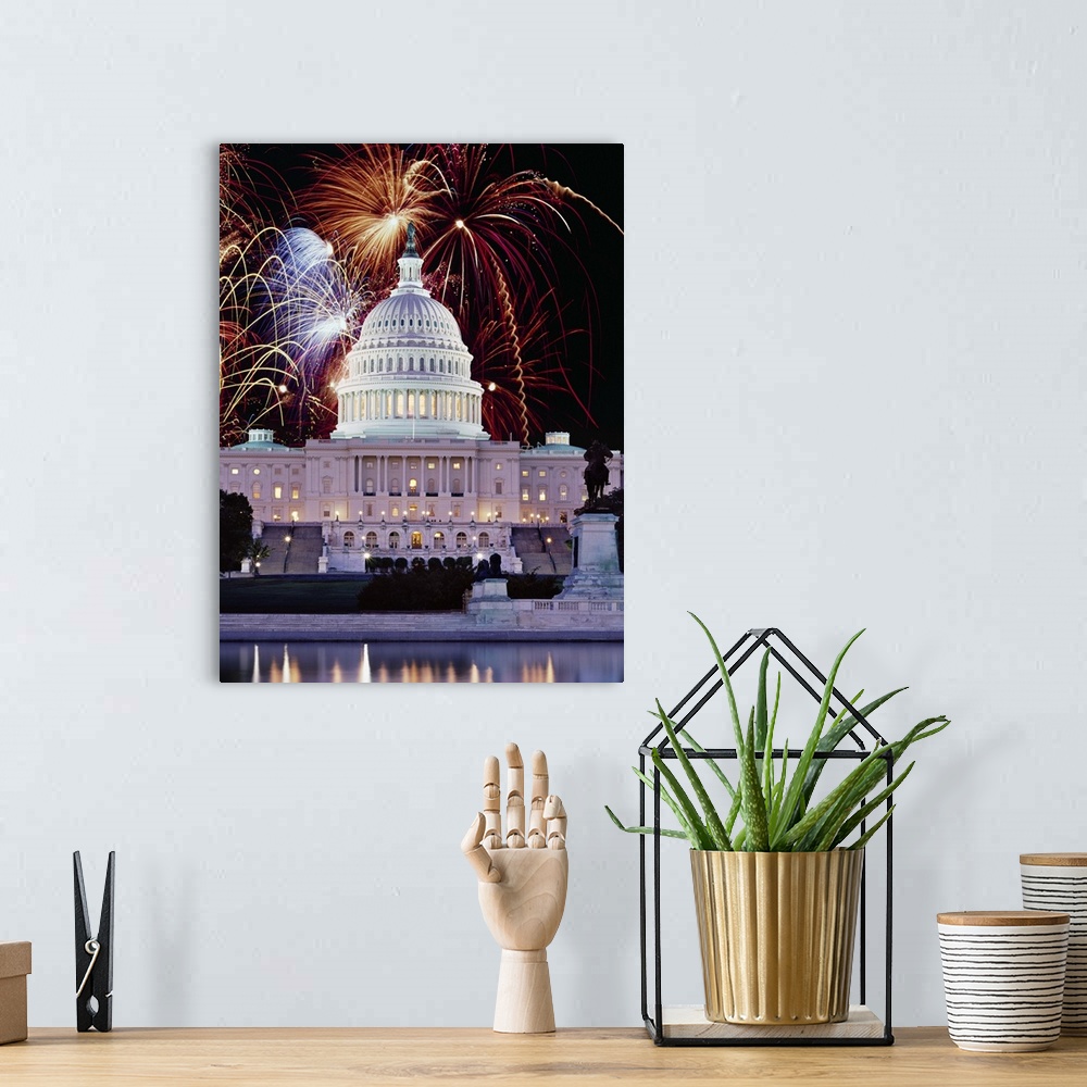 A bohemian room featuring Firework display over a government building at night, Capitol Building, Washington DC