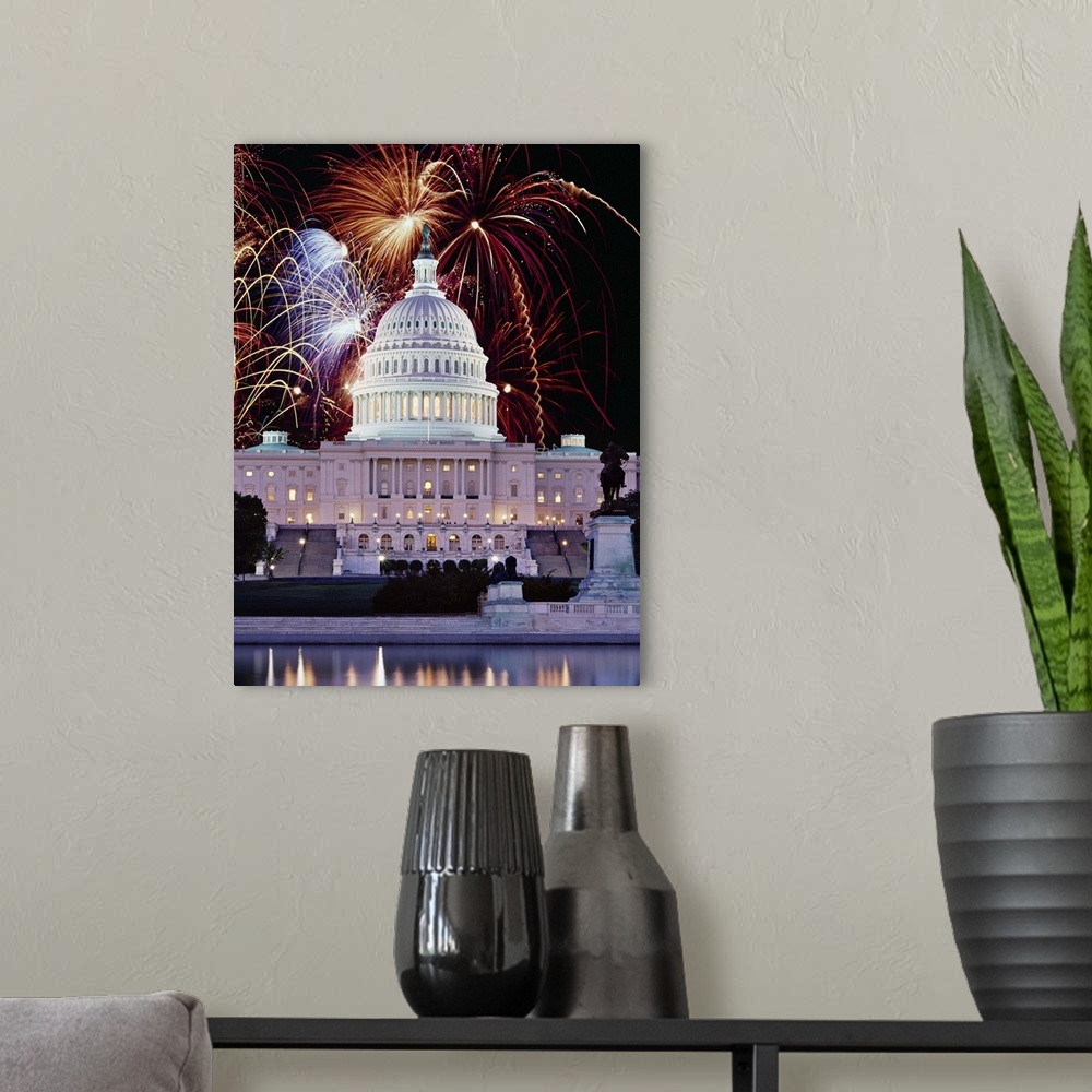A modern room featuring Firework display over a government building at night, Capitol Building, Washington DC