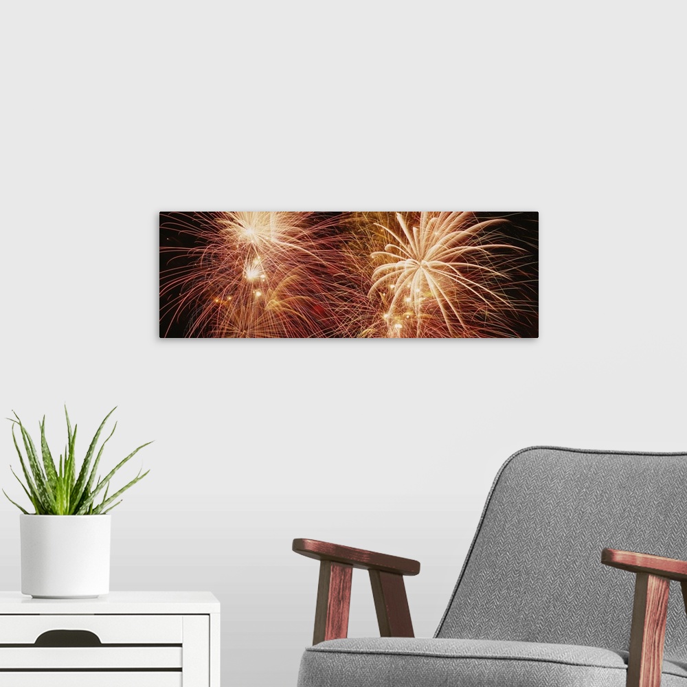 A modern room featuring Fireworks at night