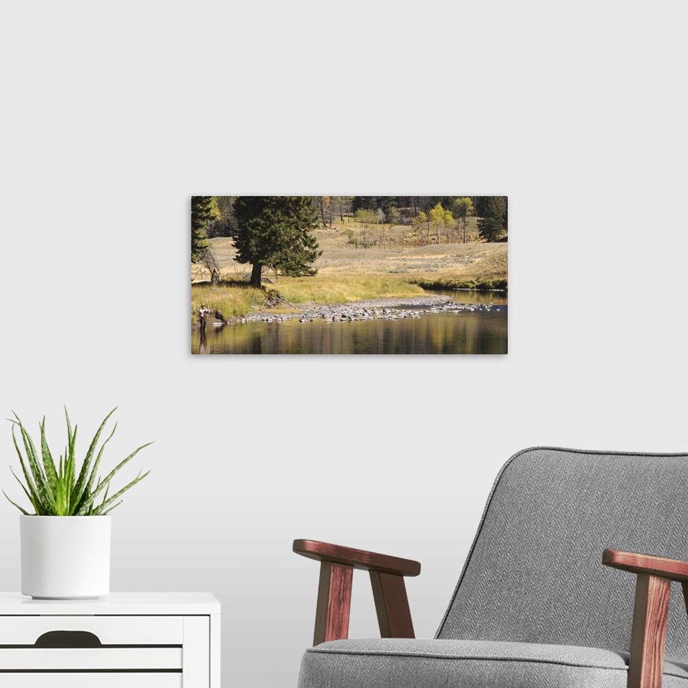 A modern room featuring Fisherman fly fishing in a stream, Yellowstone National Park, Wyoming