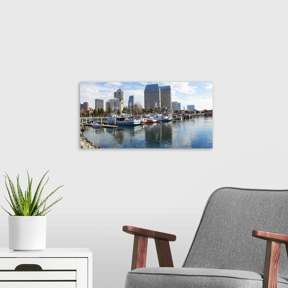 A modern room featuring Fishing boats docked at a marina San Diego California