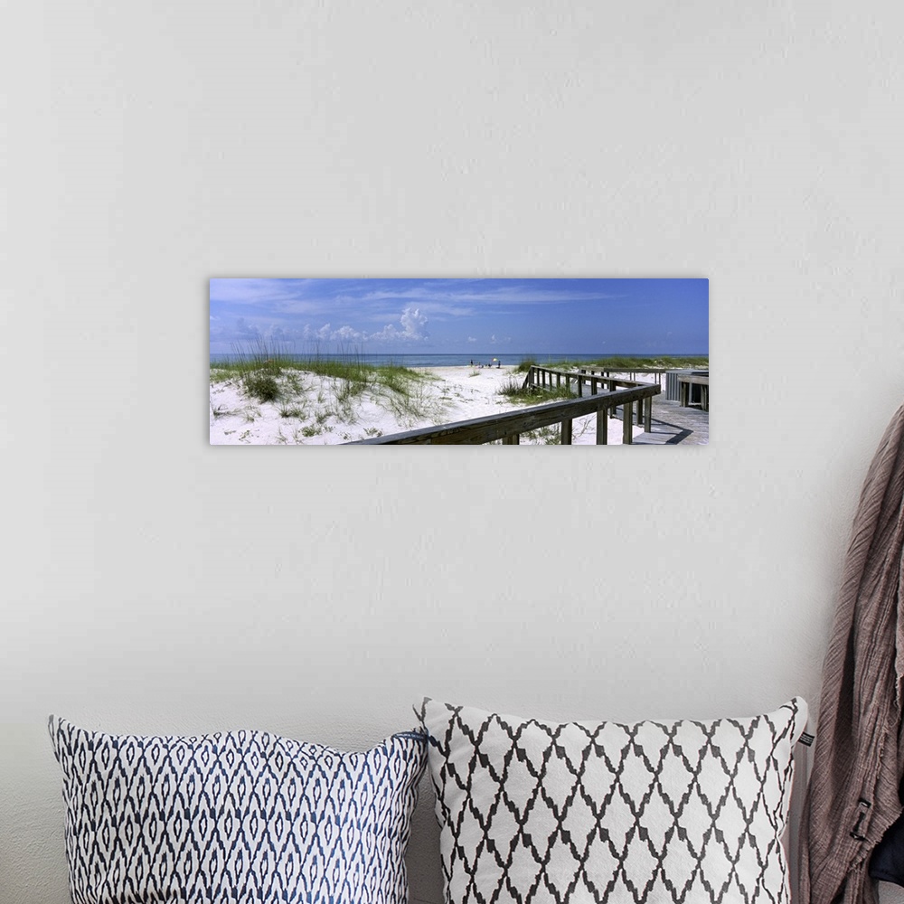 A bohemian room featuring This wall art is a panoramic canvas of a boardwalk through the dunes to a sandy Atlantic coast be...