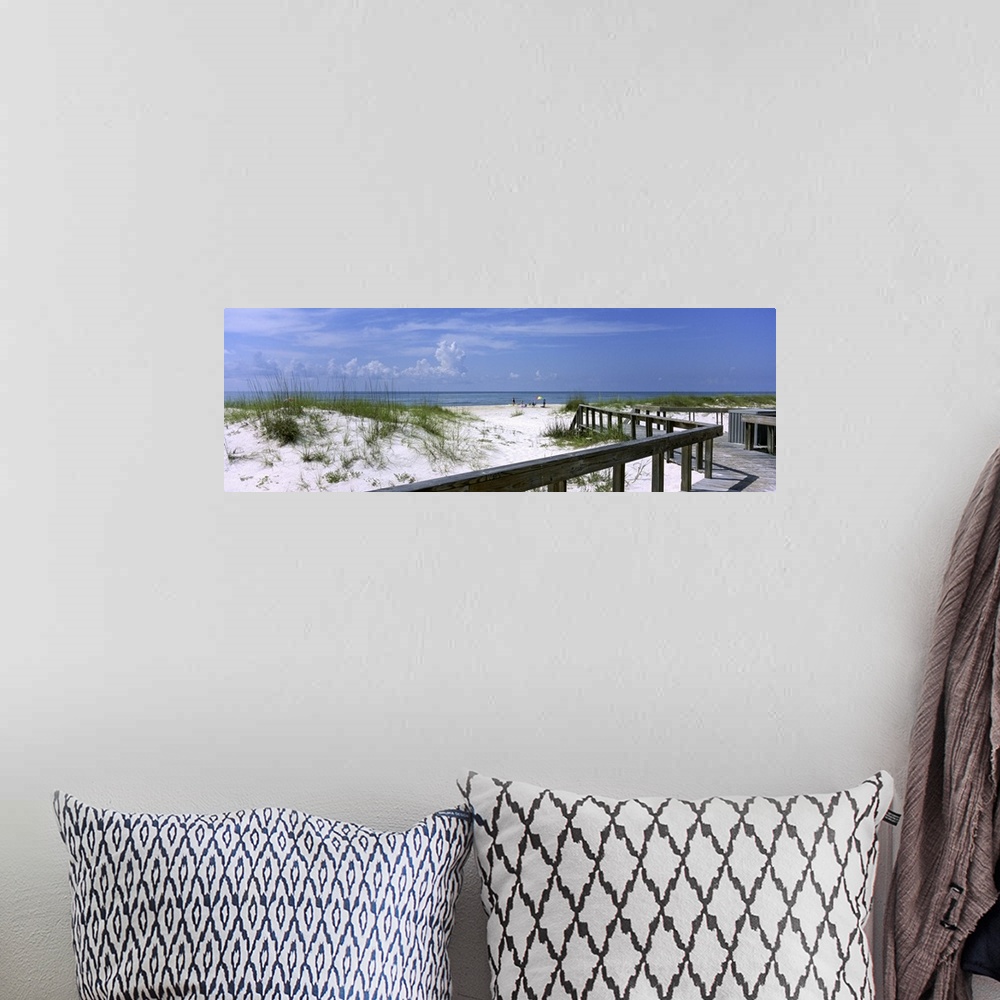 A bohemian room featuring This wall art is a panoramic canvas of a boardwalk through the dunes to a sandy Atlantic coast be...