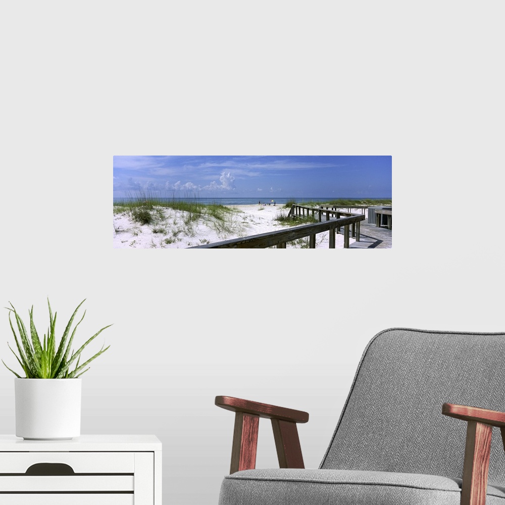 A modern room featuring This wall art is a panoramic canvas of a boardwalk through the dunes to a sandy Atlantic coast be...