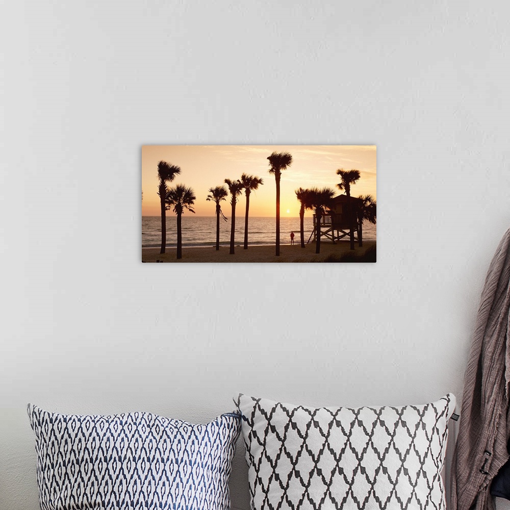 A bohemian room featuring Panoramic photo of palm trees lining a beach with a man standing on the shore looking out into th...