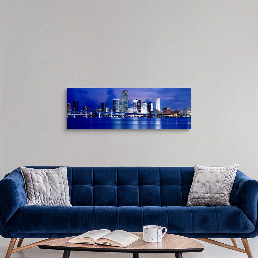 A modern room featuring Miami, Florida waterfront with downtown skyline.