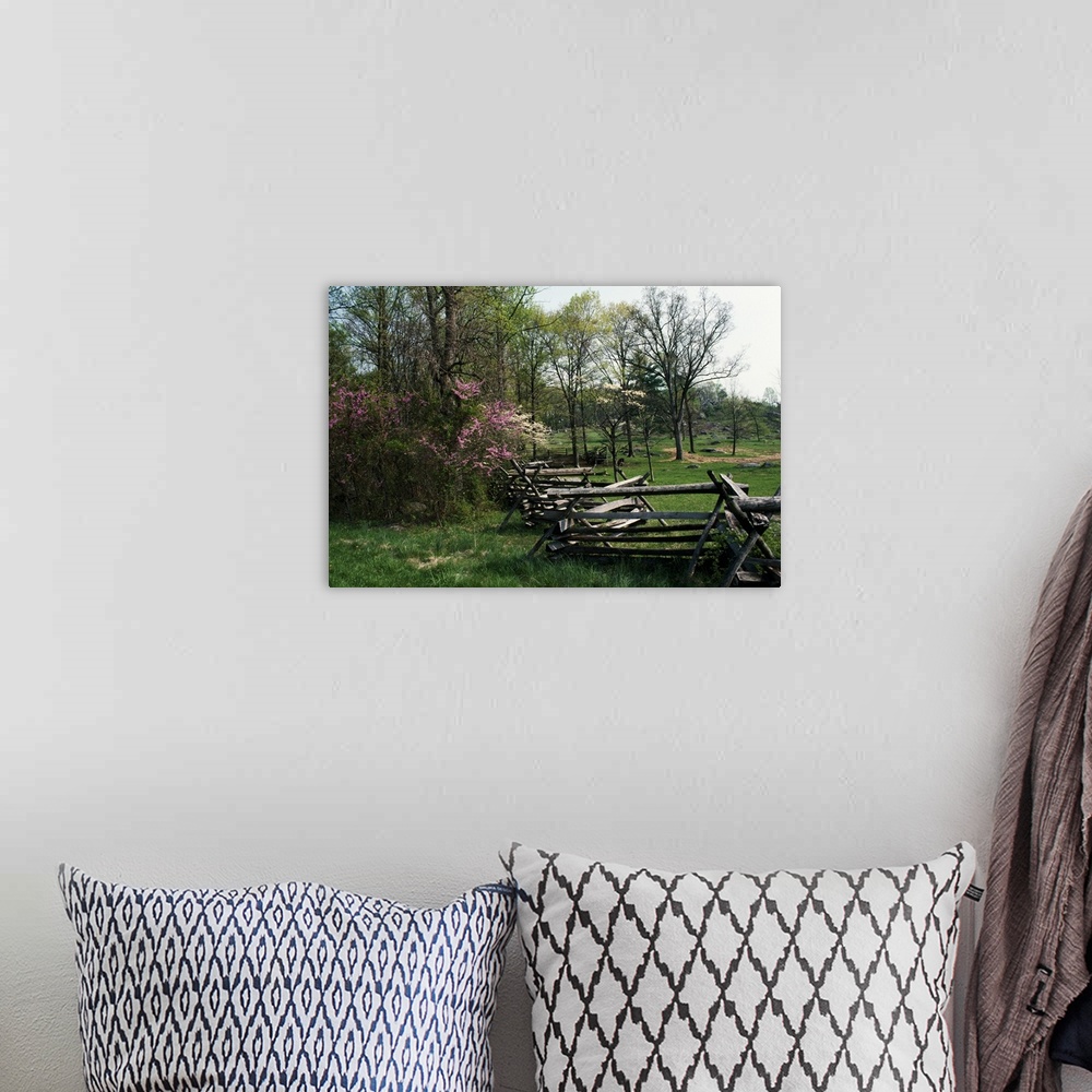 A bohemian room featuring This home docor accent is a landscape photograph of a primitive fence passing through a meadow su...