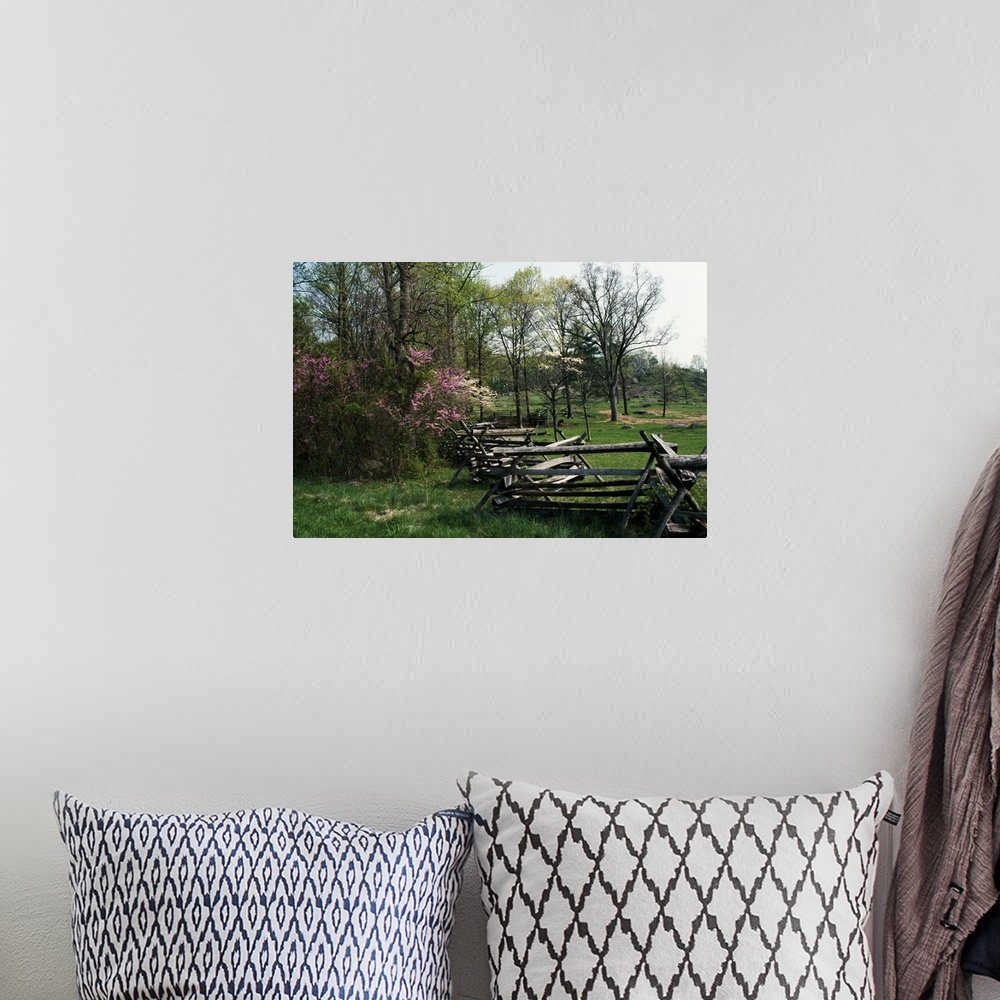 A bohemian room featuring This home docor accent is a landscape photograph of a primitive fence passing through a meadow su...