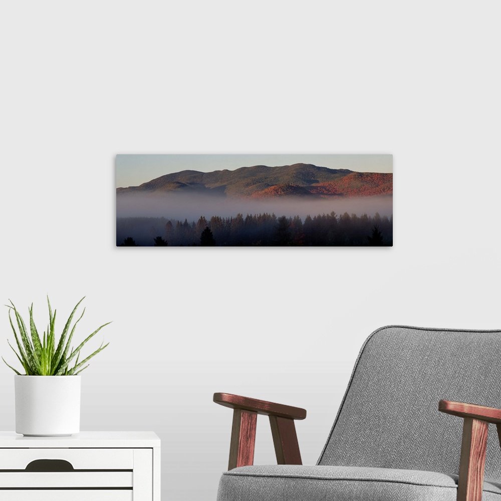 A modern room featuring Fog over a landscape, Sawtooth Mountains, Lake Placid, New York