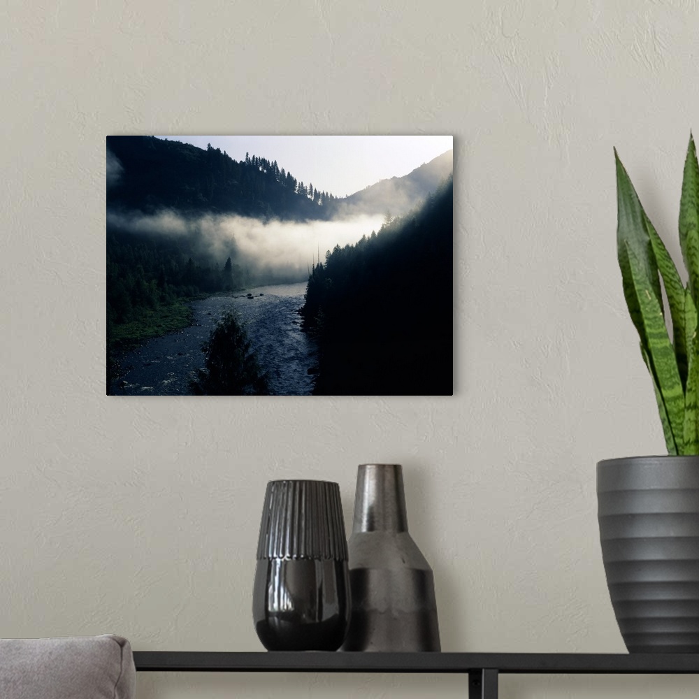 A modern room featuring Fog over a river at dawn, Lochsa River, Idaho,