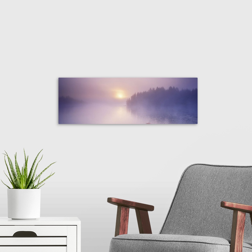 A modern room featuring Fog over a river at dawn, Vuoksi River, South Karelia, Finland