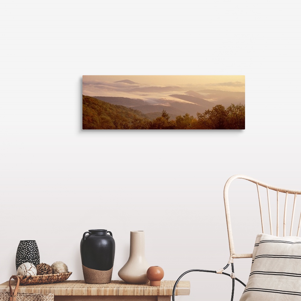 A farmhouse room featuring View from the Blue Ridge Parkway of a foggy sunrise over a mountain range in North Carolina.