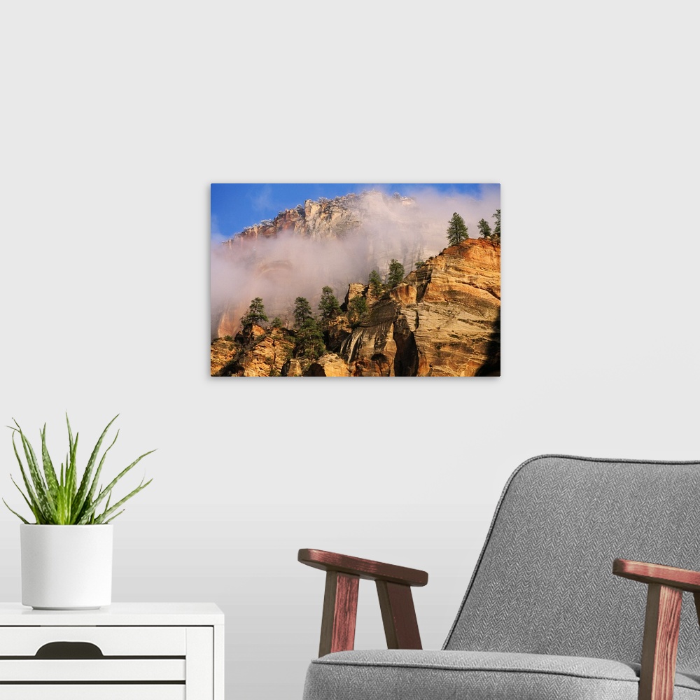 A modern room featuring Fog Over Sandstone Cliffs
