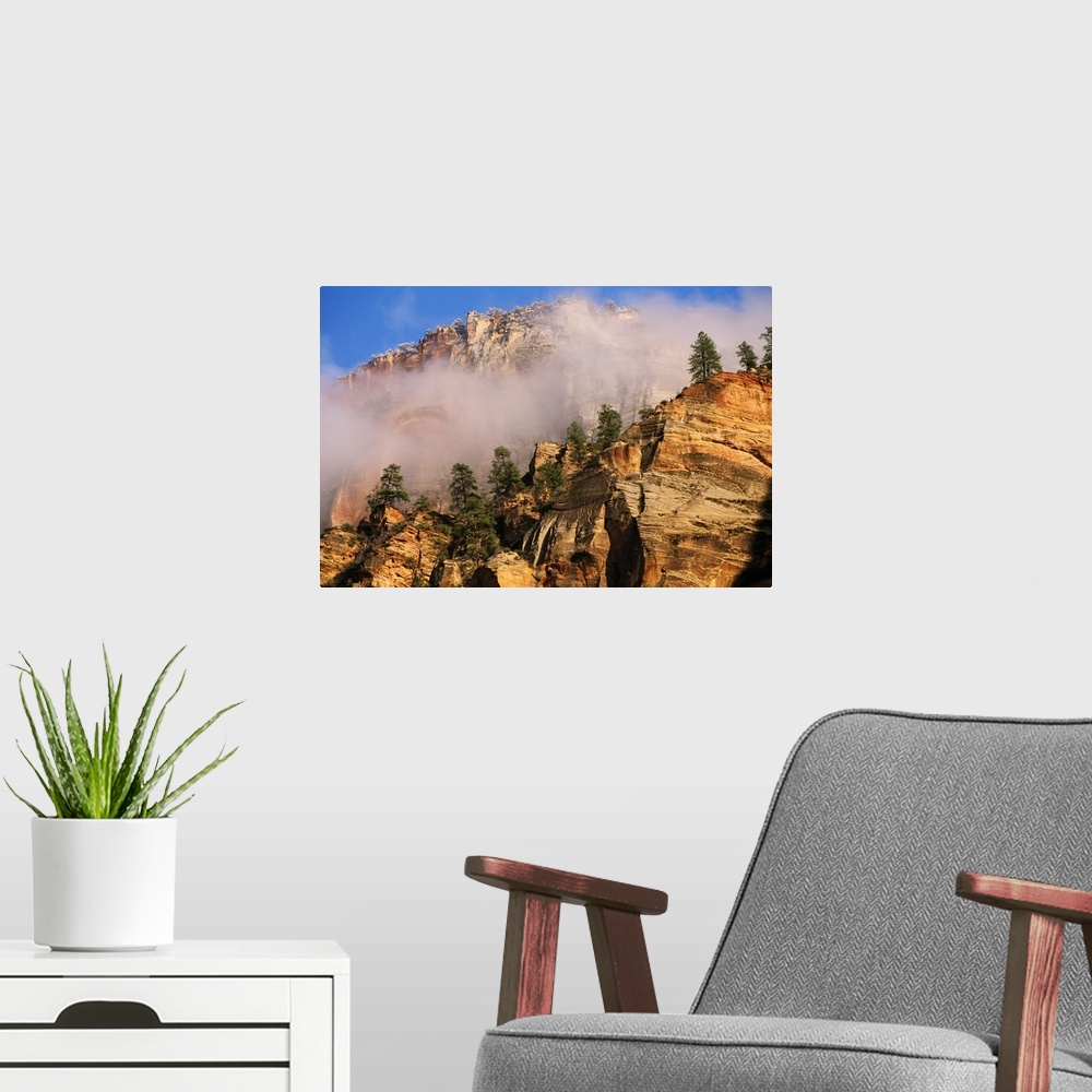 A modern room featuring Fog Over Sandstone Cliffs