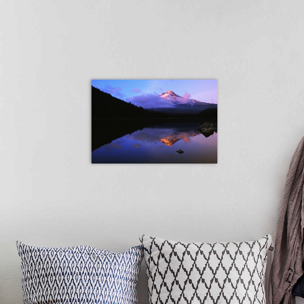 A bohemian room featuring Foggy Mount Hood reflected in mountain lake, Oregon, united states,