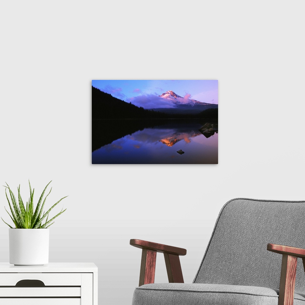 A modern room featuring Foggy Mount Hood reflected in mountain lake, Oregon, united states,