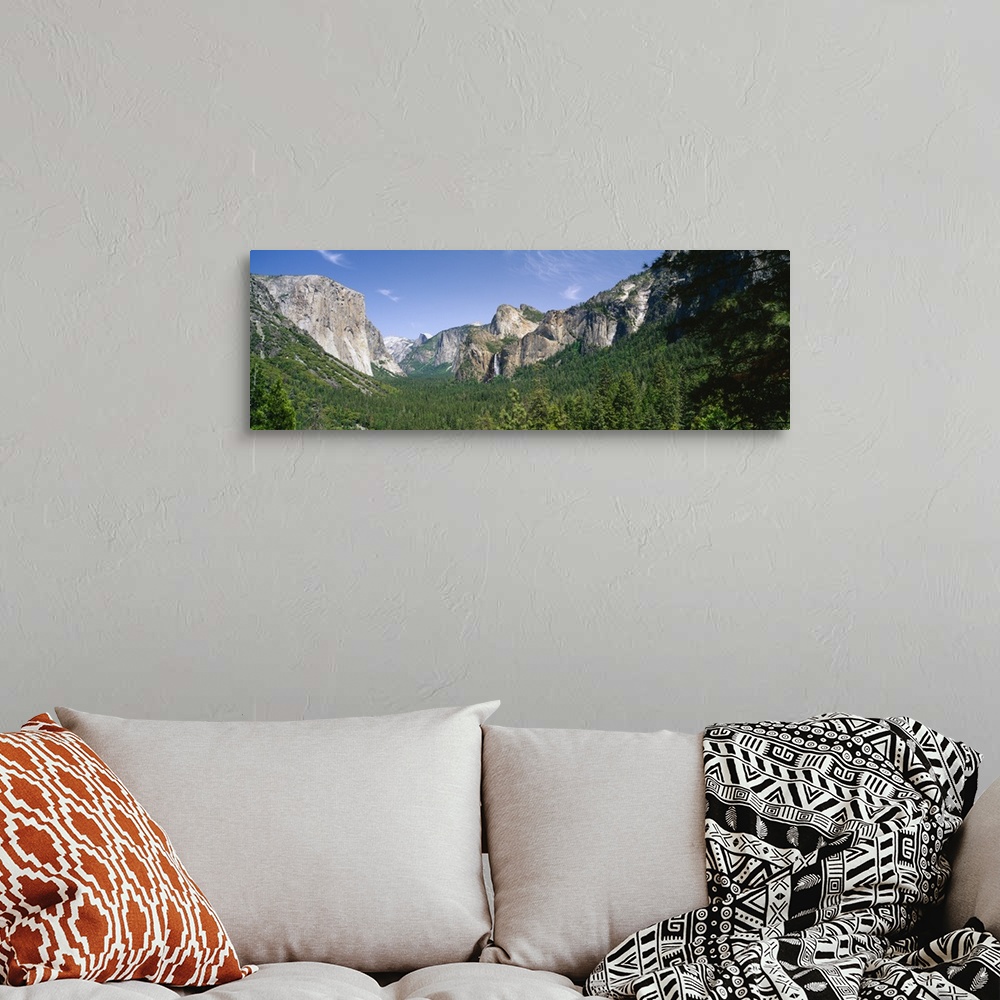 A bohemian room featuring Forest in front of mountains, El Capitan, Bridal Veil Falls, Half Dome, Yosemite National Park, C...