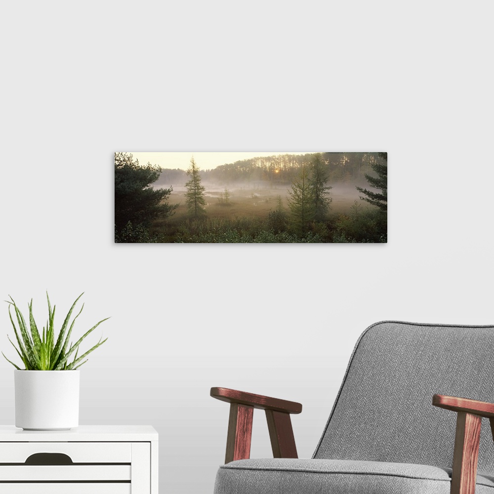 A modern room featuring Sunrise, woods, ??
