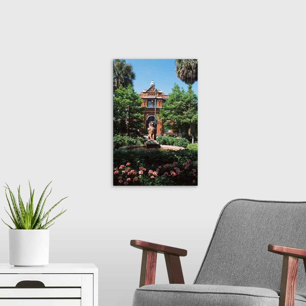 A modern room featuring Fountain in a garden in front of a building, Savannah Cotton Exchange, Savannah, Chatham County, ...