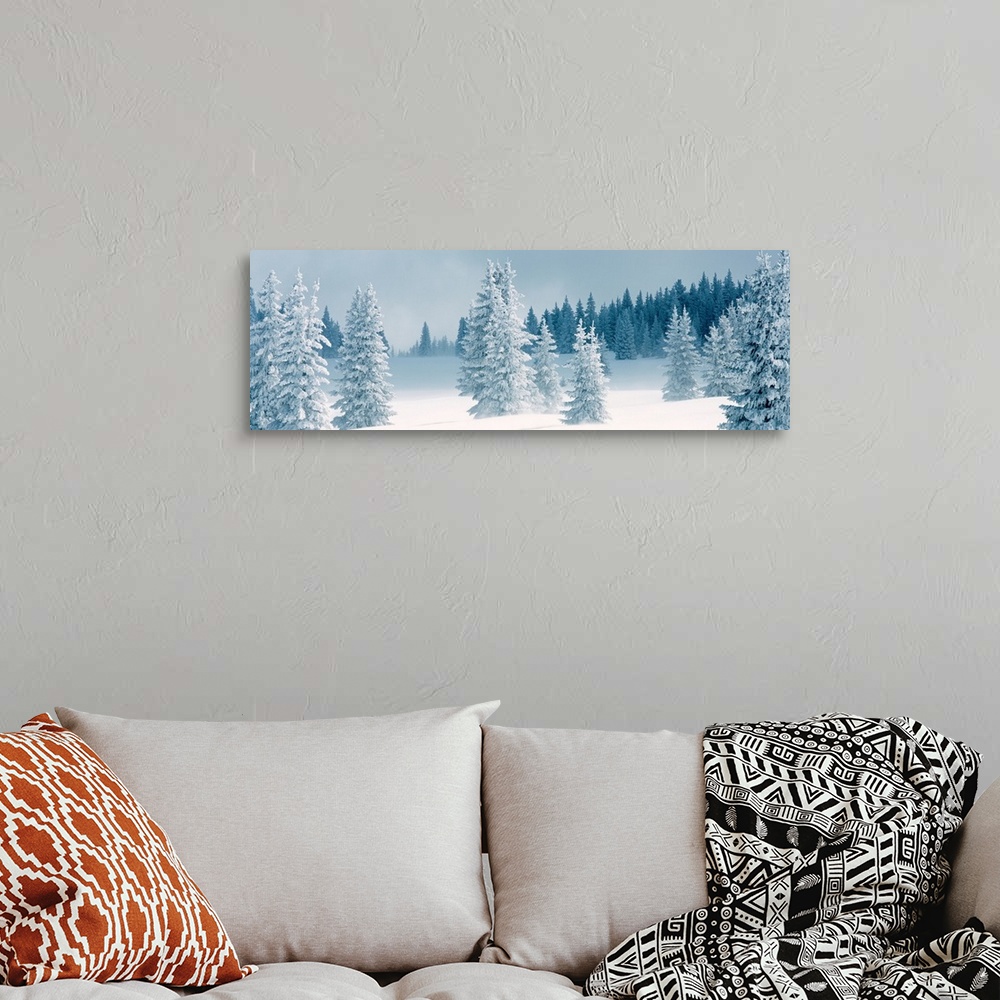A bohemian room featuring Panoramic photograph displays a Winter landscape of trees that have been covered in a blanket of ...