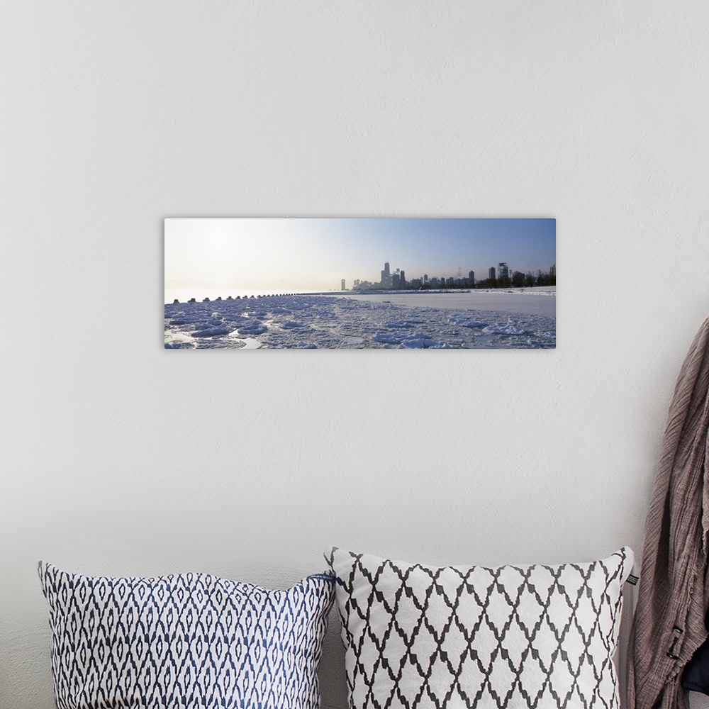 A bohemian room featuring Frozen lake with a city in the background, Lake Michigan, Chicago, Illinois