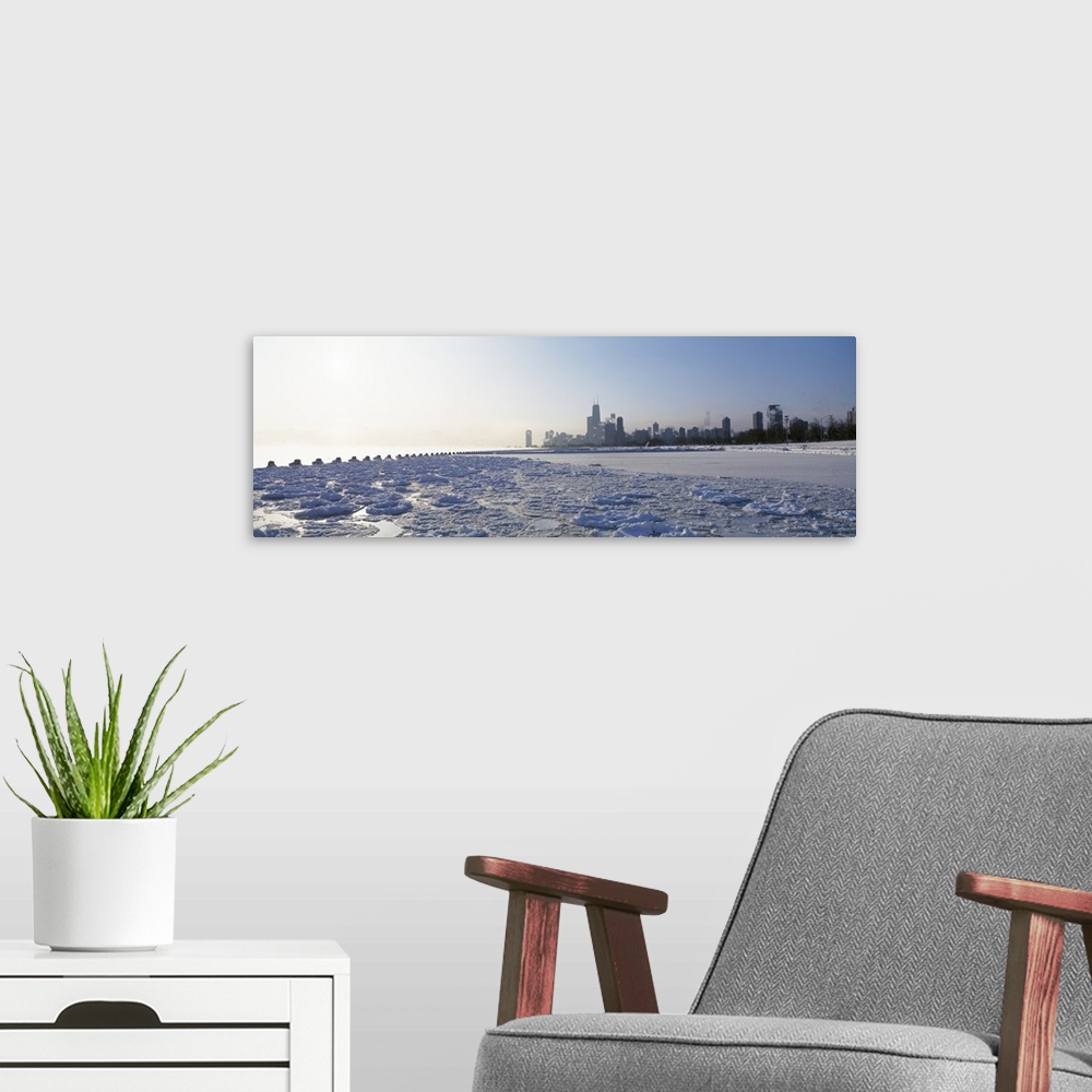 A modern room featuring Frozen lake with a city in the background, Lake Michigan, Chicago, Illinois