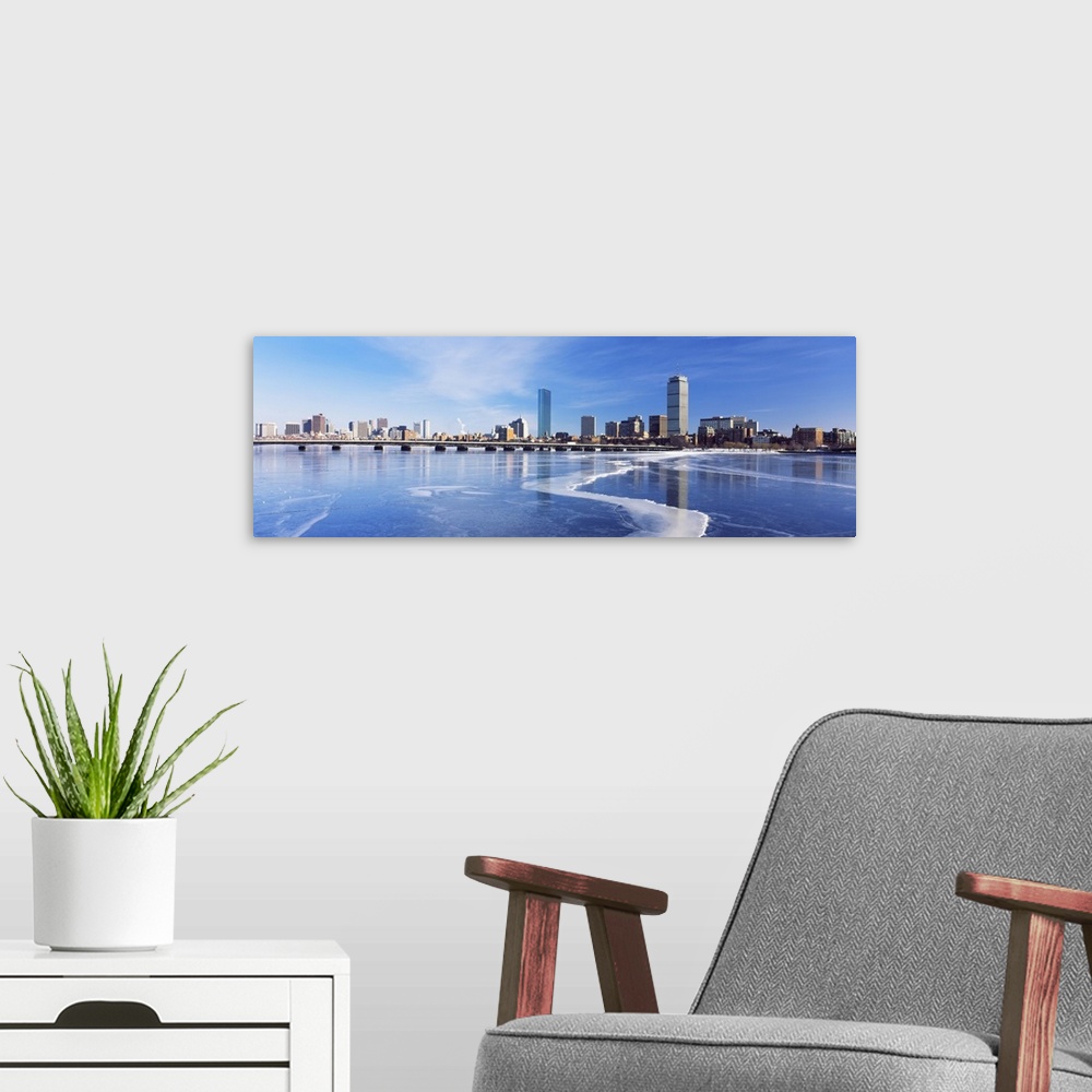 A modern room featuring Frozen over Charles River with Harvard Bridge in the background, Boston, Massachusetts